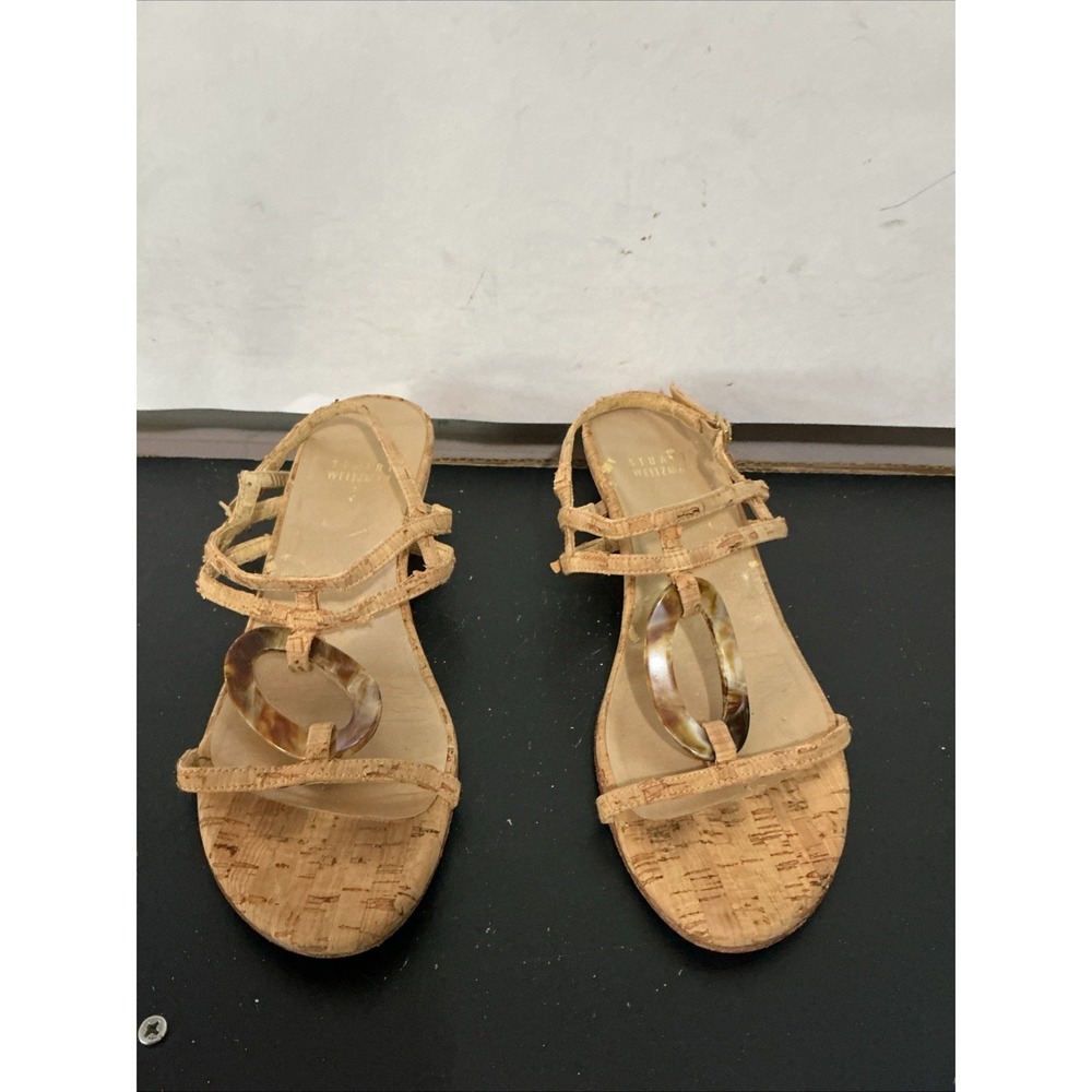 Stuart Weitzman Cork Strappy Wedge Sandals Tortoiseshell Ring Brown Womens 9.5